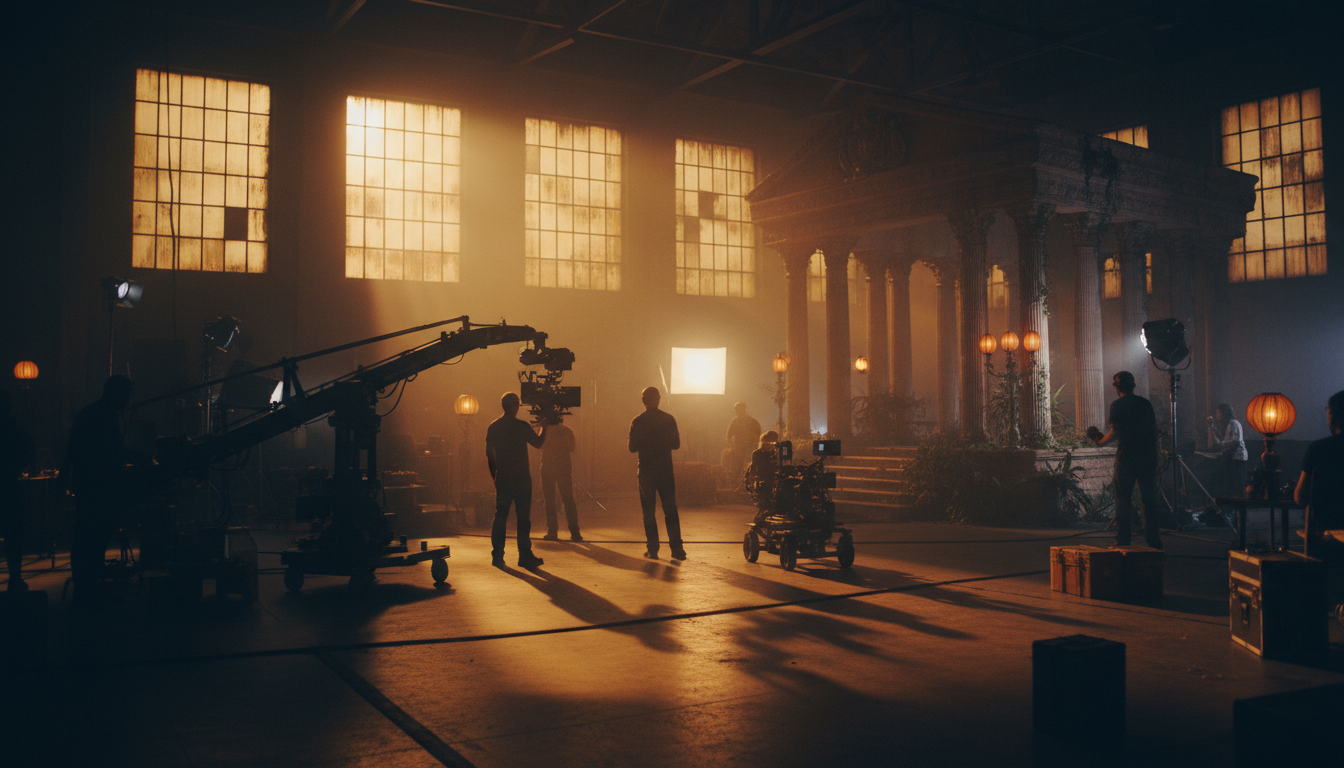 Cinematic film production set with dramatic golden lighting