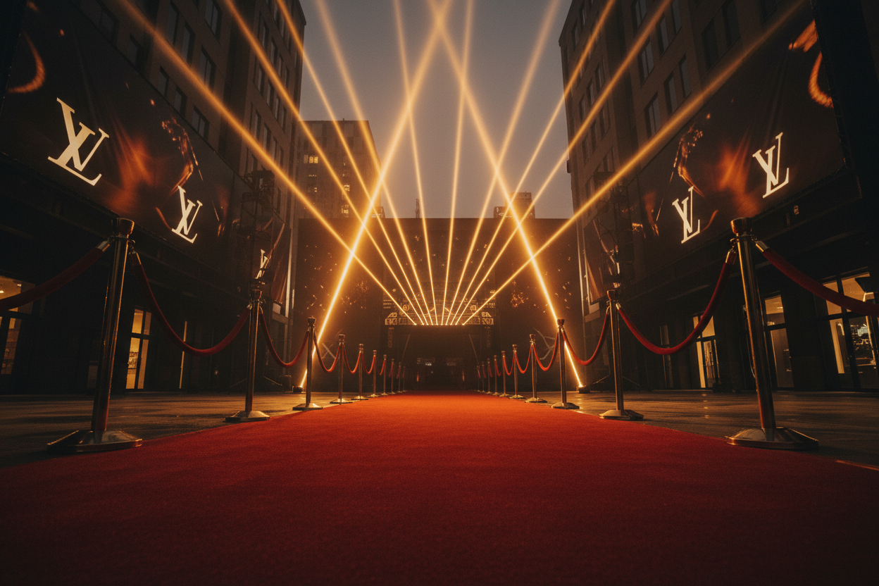 Cinematic red carpet premiere scene with golden spotlights