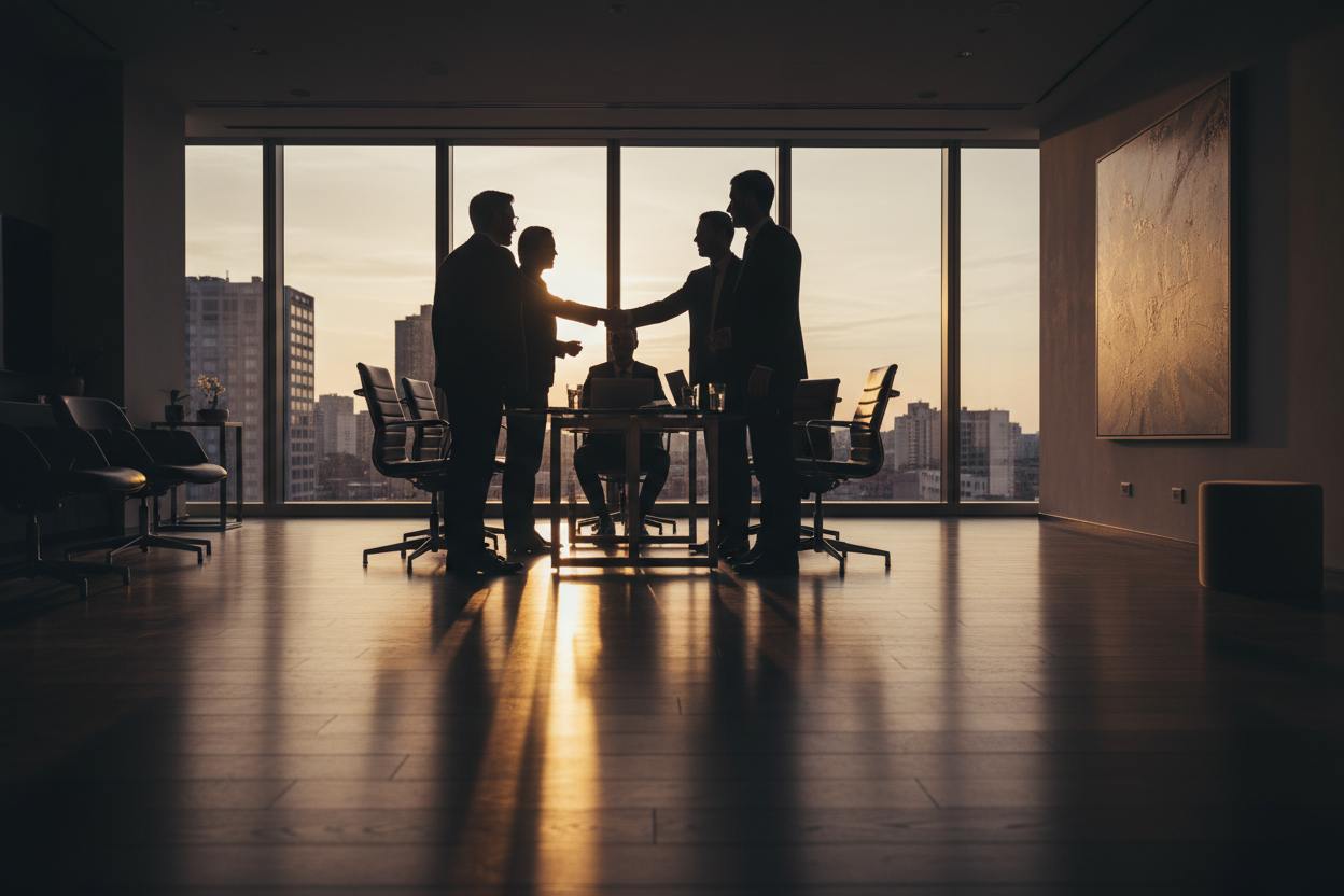 Professional meeting with investors silhouetted against golden backlighting
