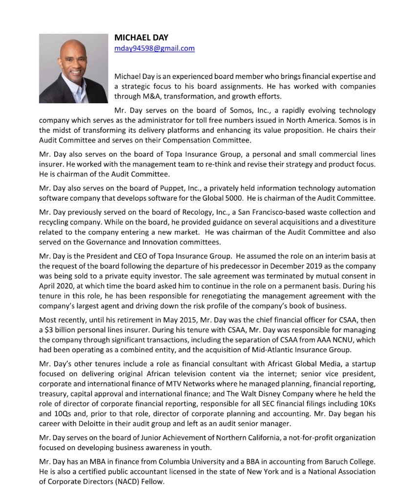 Michael Day, Board Director, Finance & Audit Executive