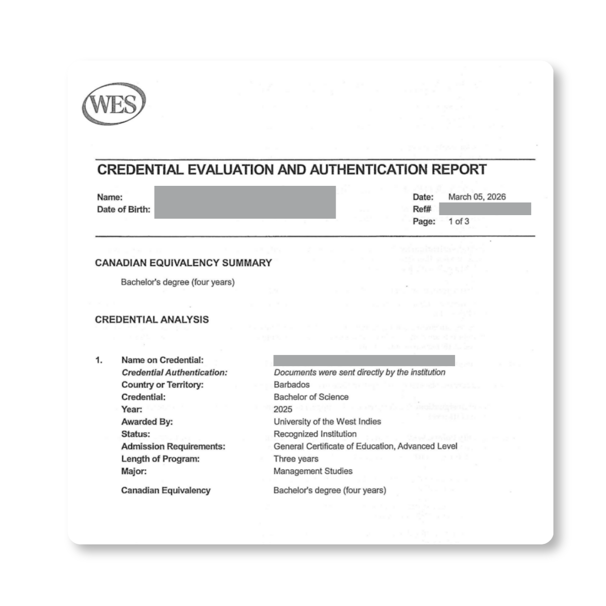 Example WES Credential Evaluation and Authentication Report