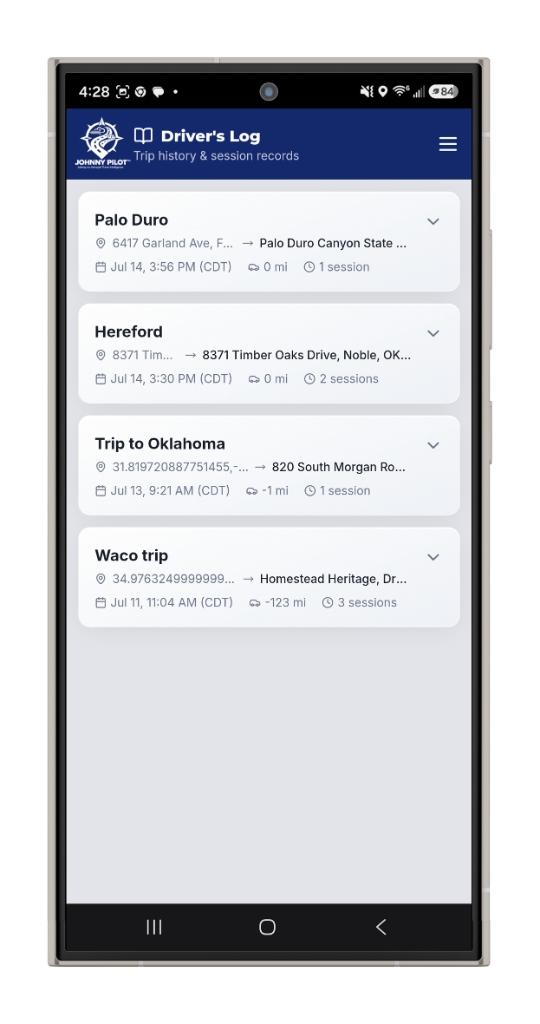 Driver's Log with trip history