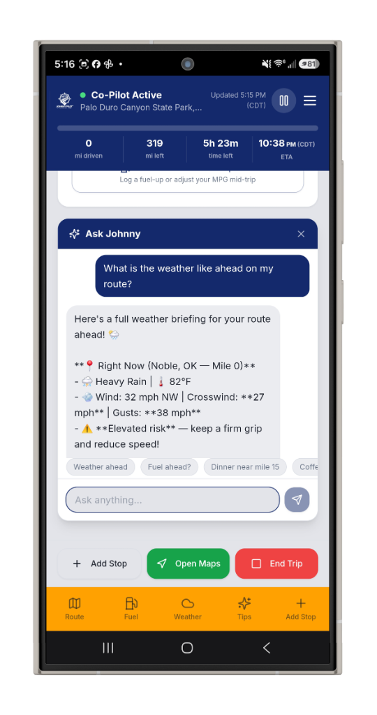 Ask Johnny AI chat interface with route-aware weather briefing