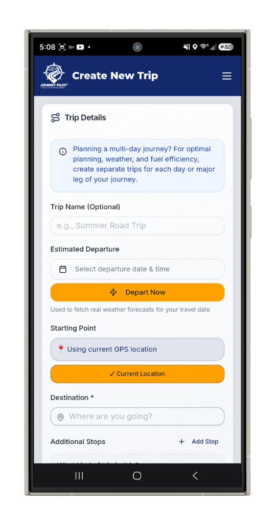 Create new trip screen