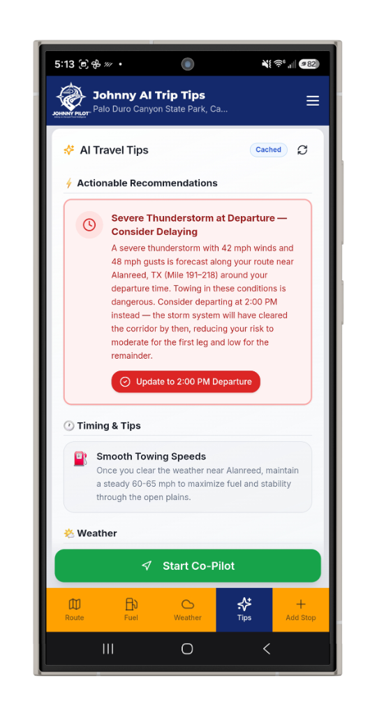 AI recommendation to delay departure due to severe thunderstorm