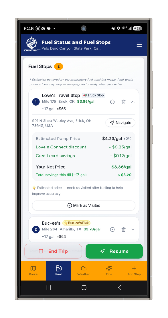 Fuel stops with estimated pricing, loyalty discounts, and savings breakdown