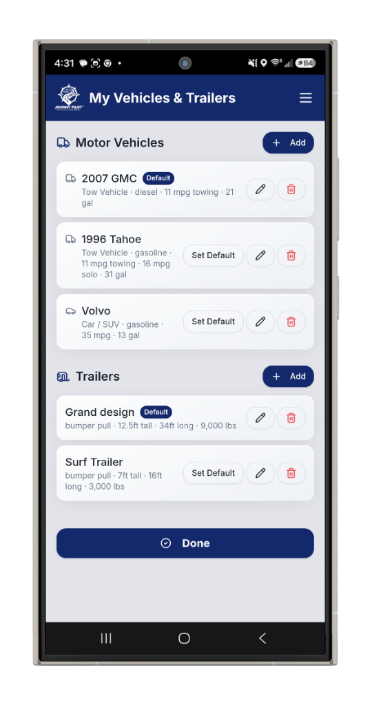 My Vehicles and Trailers management screen
