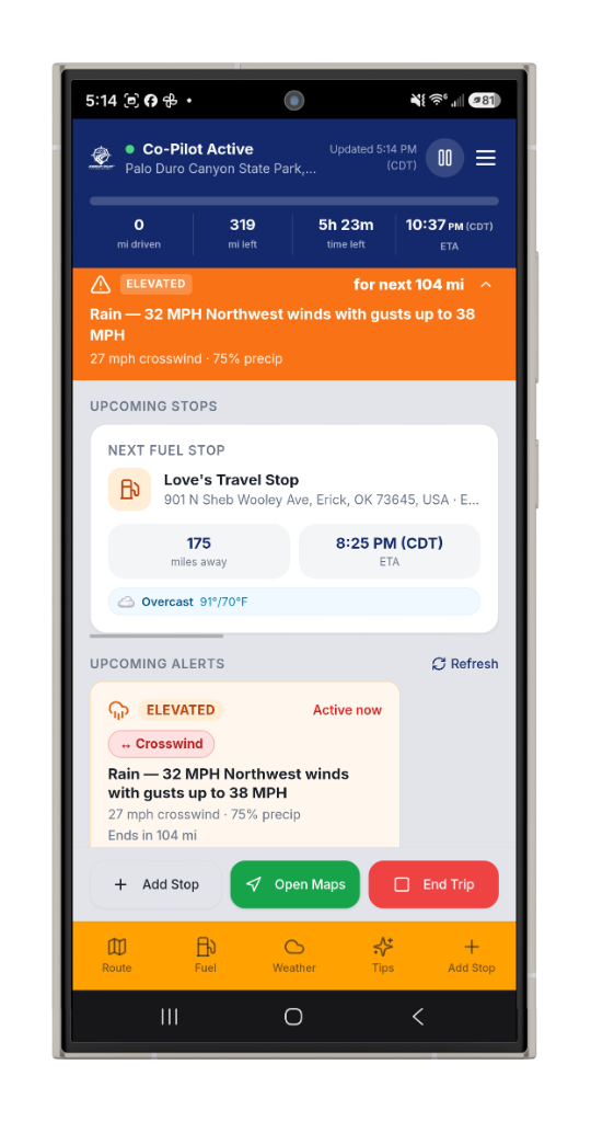 Johnny Pilot Co-Pilot active trip view with weather alerts and next fuel stop