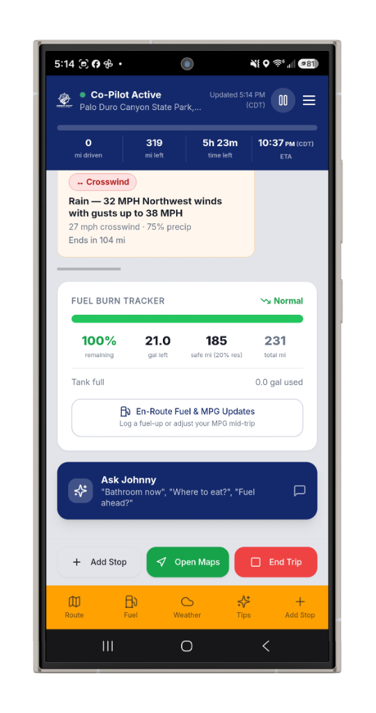Fuel burn tracker with real-time tank level and crosswind alert
