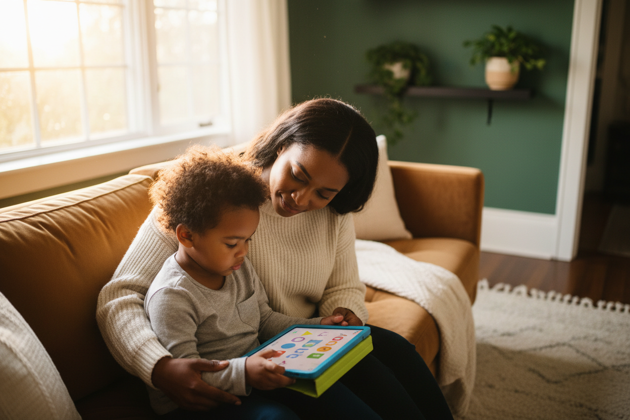 A Black mother and child in a warm, supportive learning moment