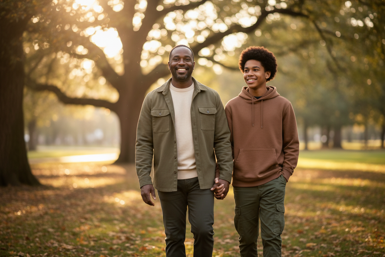 Father and son walking together in a park