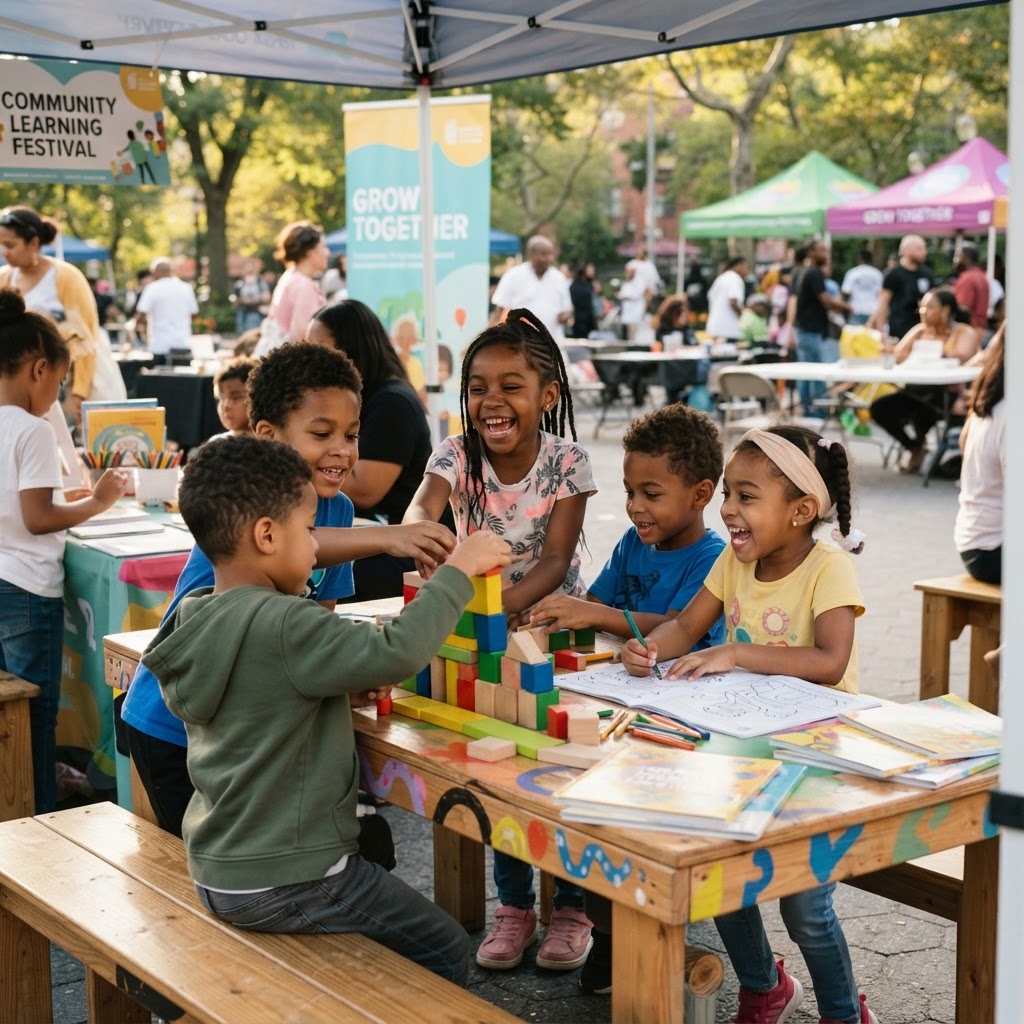 Black children learning together at a community event