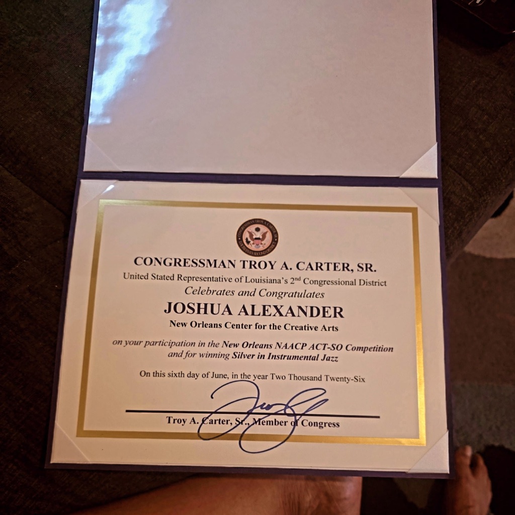 Congressional certificate awarded to a student for Instrumental Jazz