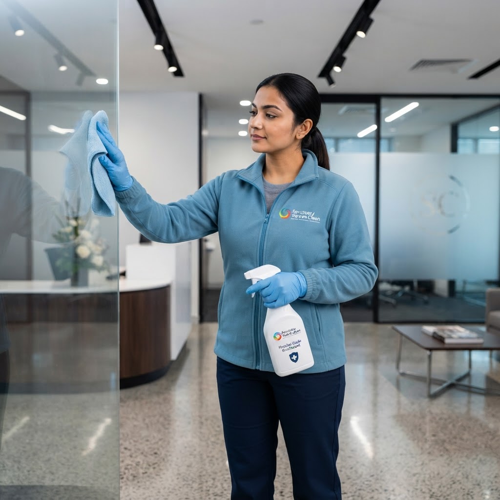 Sanctuary Serene Clean staff member in dusty blue fleece uniform and navy trousers, commercial cleaning cleaning scene