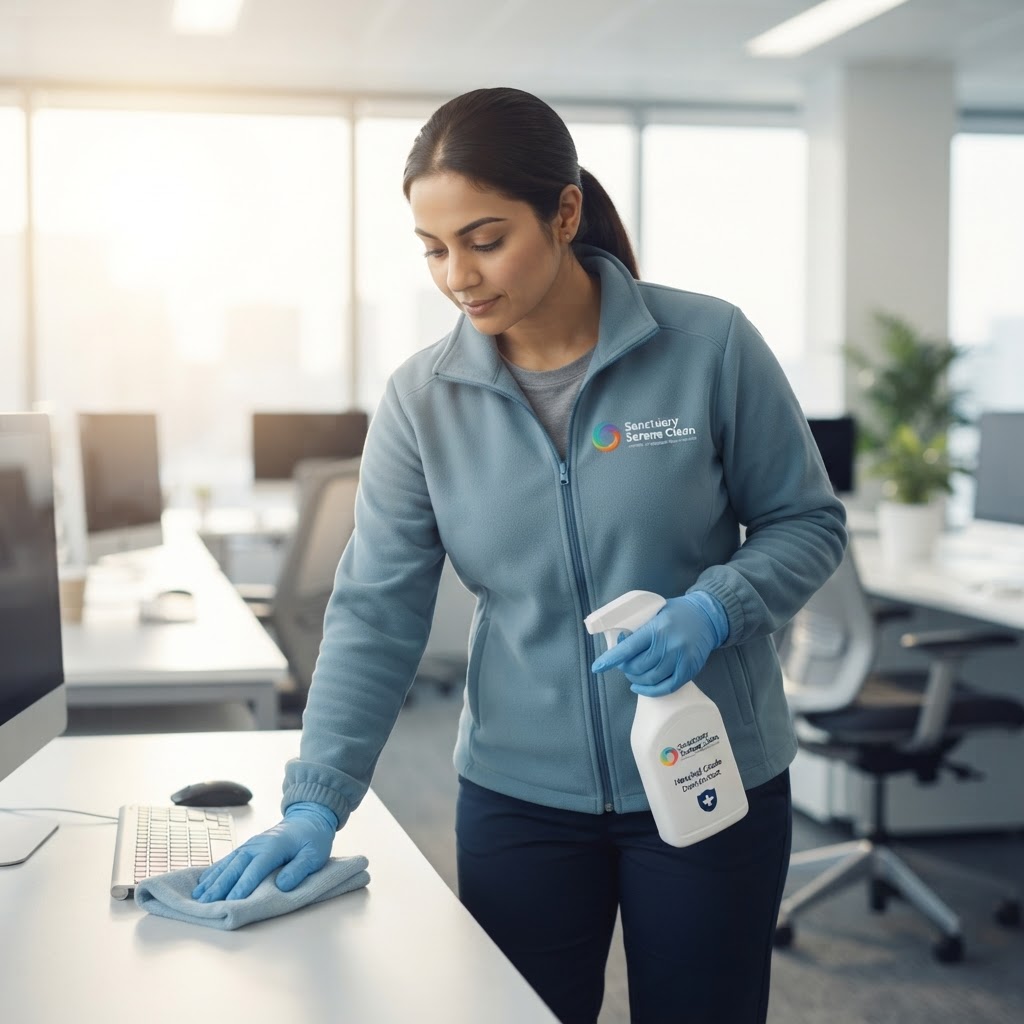 Sanctuary Serene Clean staff member in dusty blue fleece uniform and navy trousers, office cleaning cleaning scene