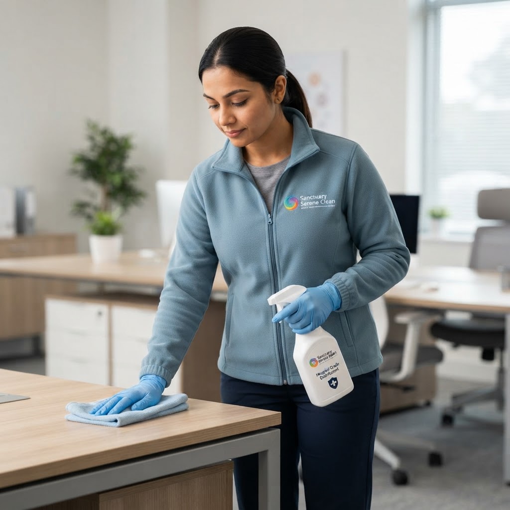 Sanctuary Serene Clean staff member in dusty blue fleece uniform and navy trousers, professional cleaning cleaning scene