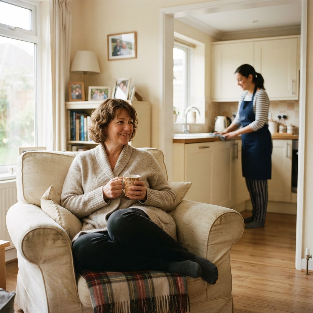 A person recovering at home relaxing with a cup of tea while a cleaner tidies the kitchen