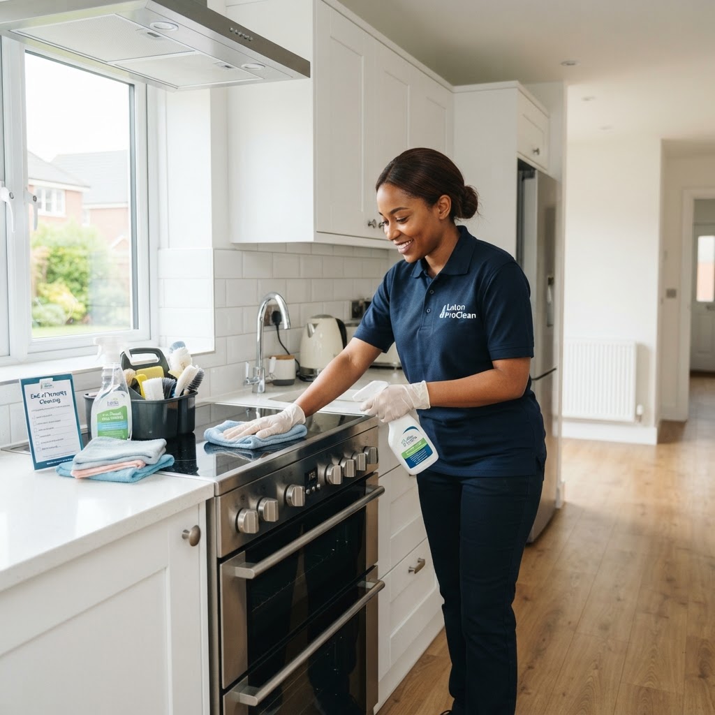 Professional cleaner preparing a rental apartment for a new tenant in Luton, 2026.