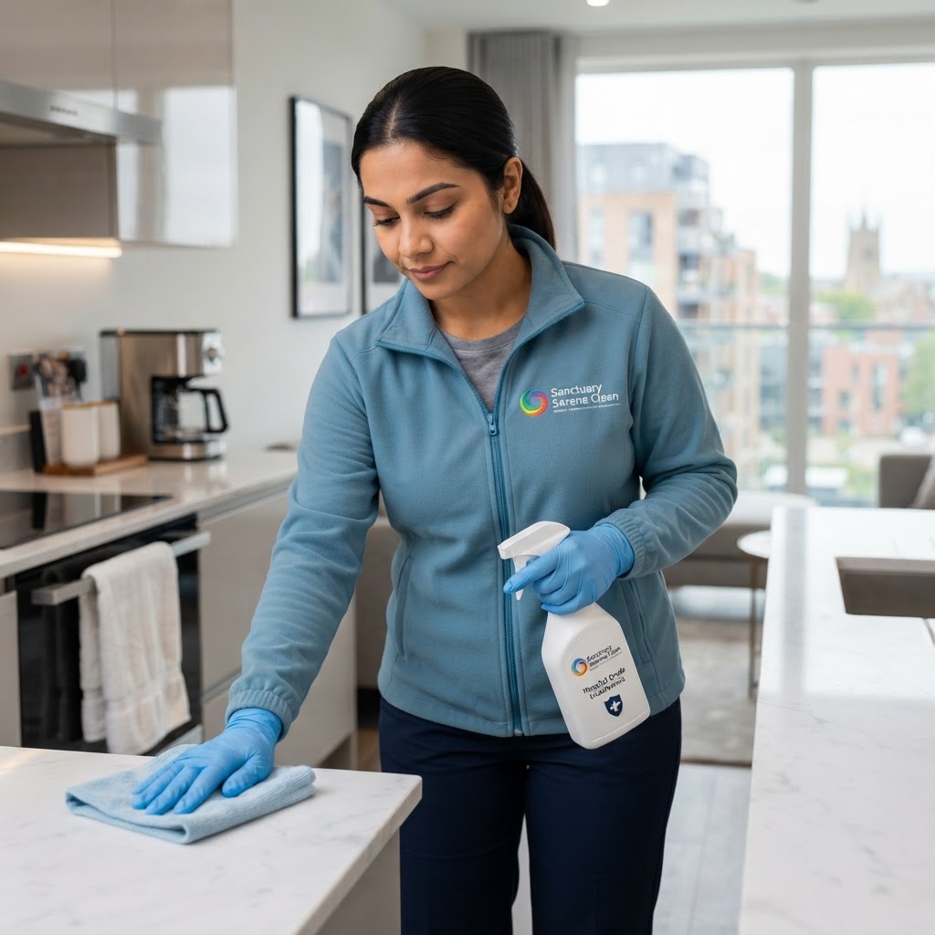 Sanctuary Serene Clean staff member in dusty blue fleece uniform and navy trousers, professional cleaning cleaning scene