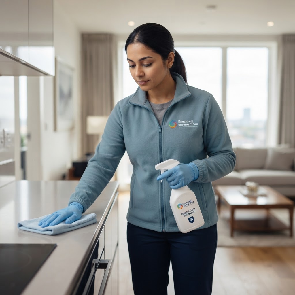 Sanctuary Serene Clean staff member in dusty blue fleece uniform and navy trousers, professional cleaning cleaning scene