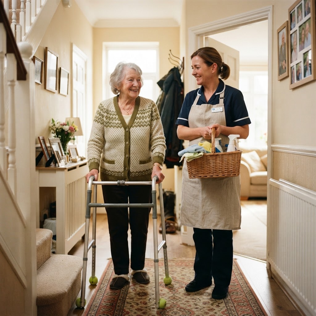 An older woman using a walking frame at home with a cleaning assistant nearby