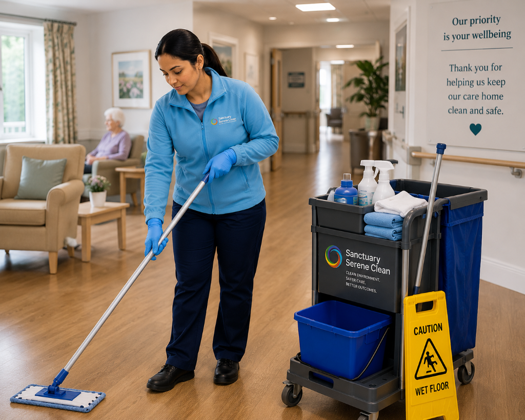 Care home communal area floor mopping by Sanctuary Serene Clean