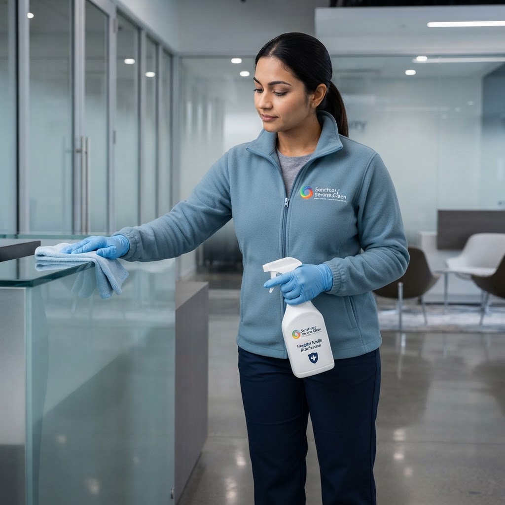 Sanctuary Serene Clean staff member in dusty blue fleece uniform and navy trousers, commercial cleaning cleaning scene