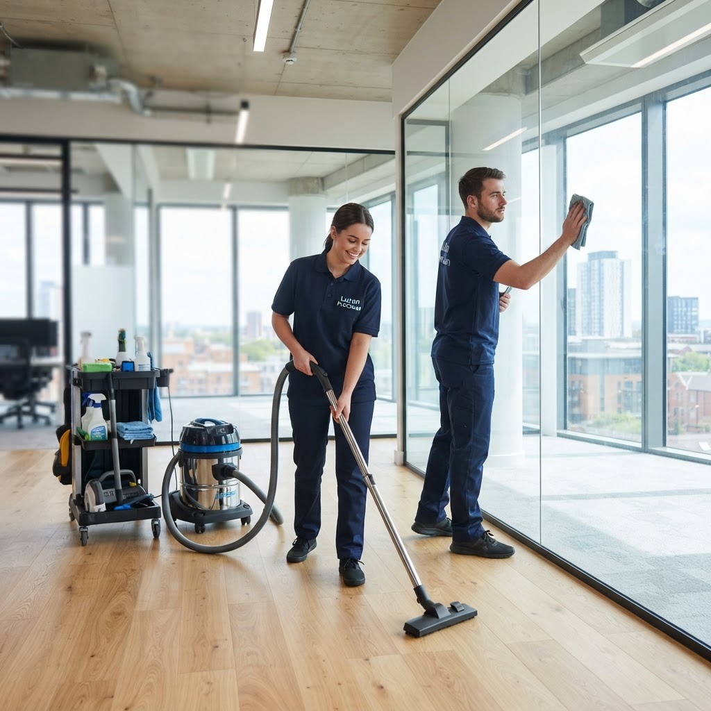 Professional after builders cleaning team preparing a newly completed commercial property in Luton for handover.
