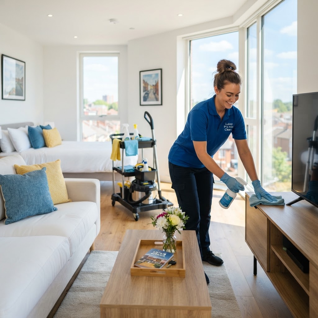 Airbnb host cleaning a bright, tidy rental property in Luton during the summer season.