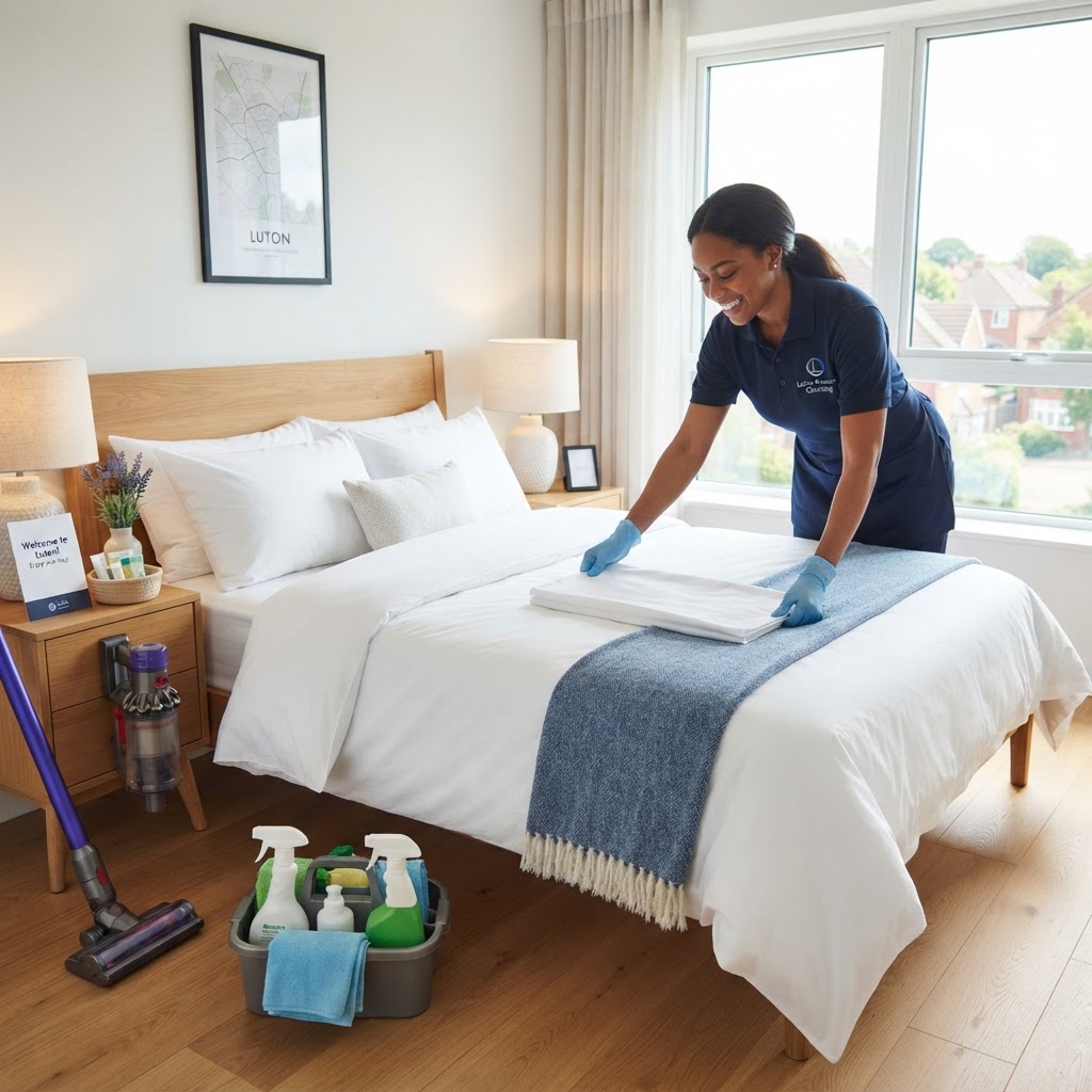 Professional cleaner prepping a bright Airbnb rental in Luton for summer guests.