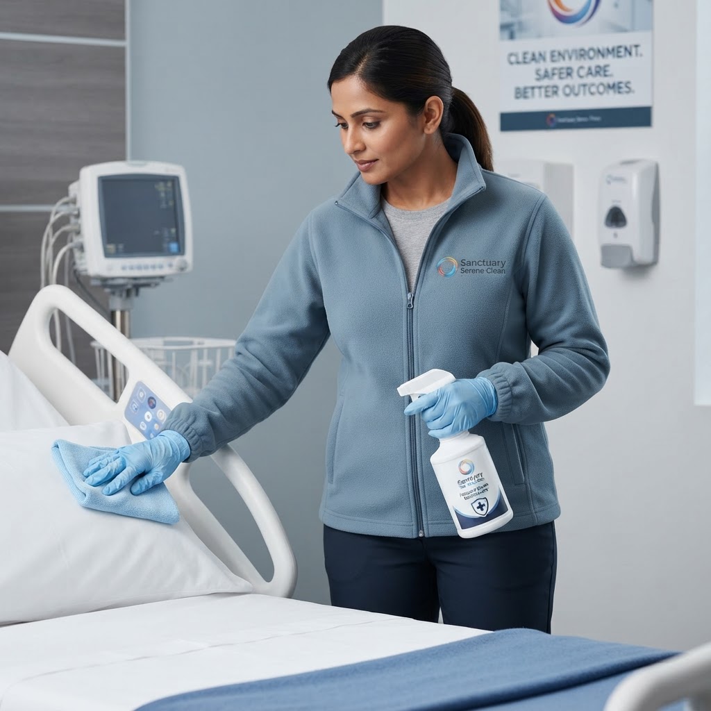 Sanctuary Serene Clean staff member in dusty blue fleece uniform and navy trousers, healthcare care home cleaning scene