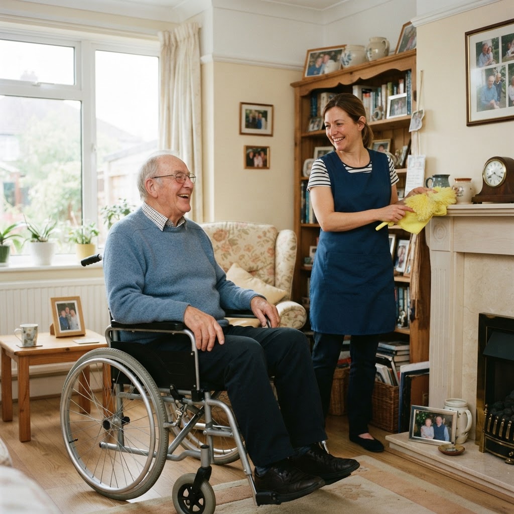 A smiling man who uses a wheelchair in his living room while a home cleaner dusts nearby