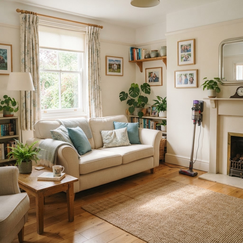 A freshly cleaned, welcoming living room in a lived-in home