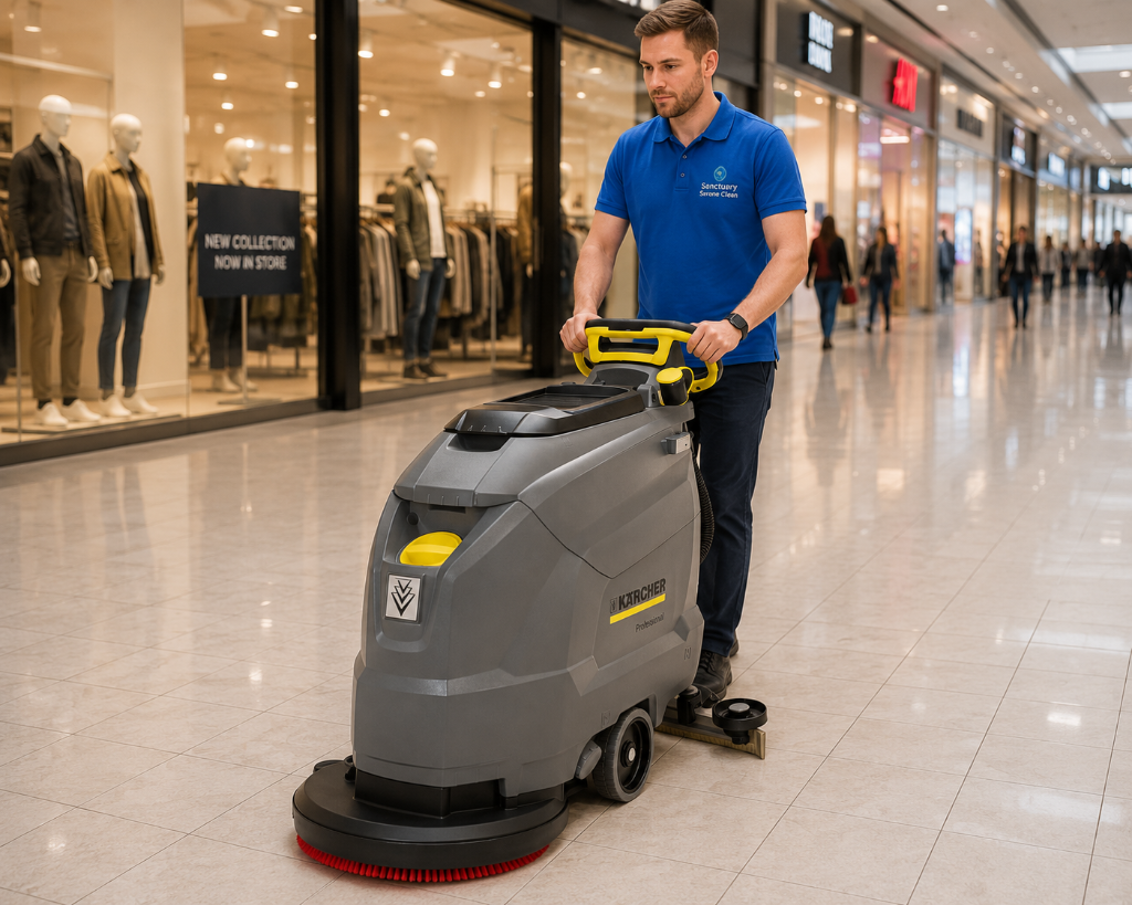 Sanctuary Serene Clean operative using a Kärcher walk-behind floor scrubber in a shopping mall