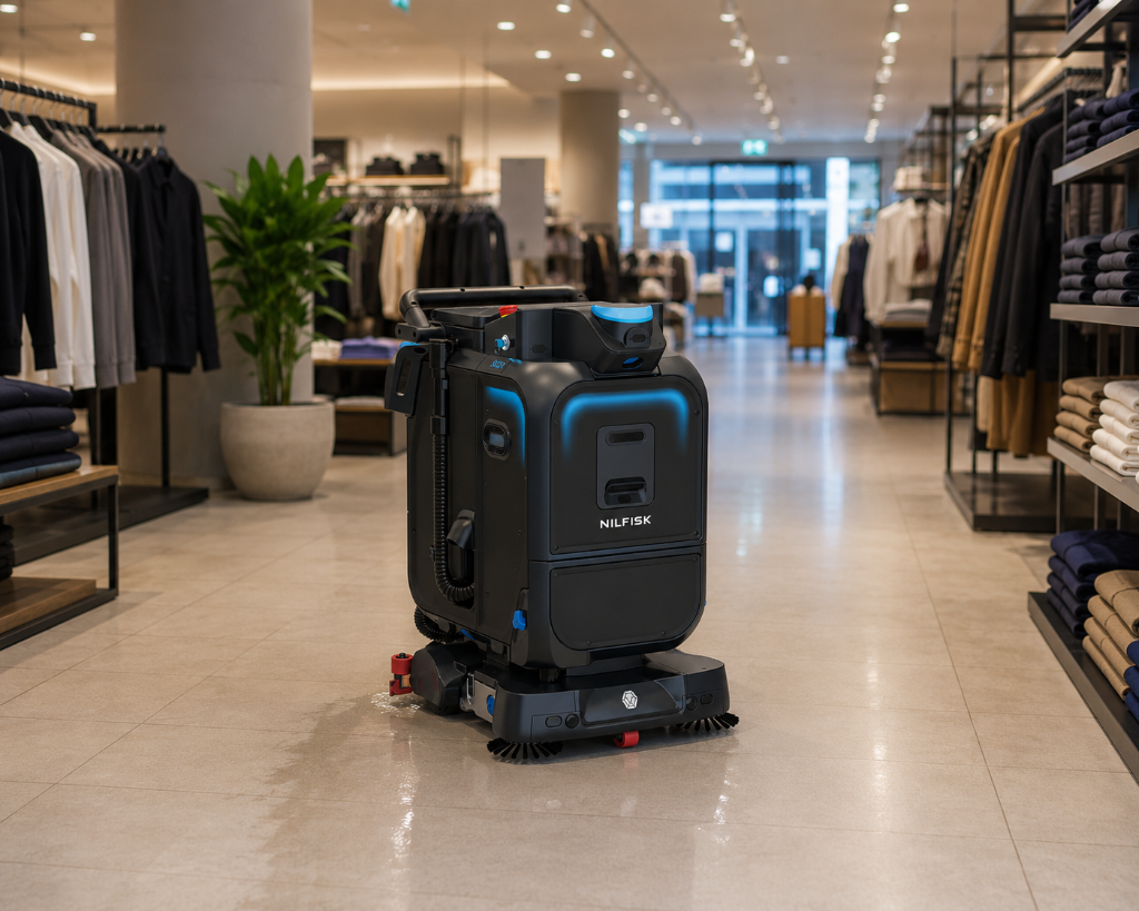 Nilfisk autonomous floor cleaning robot operating in a retail clothing store