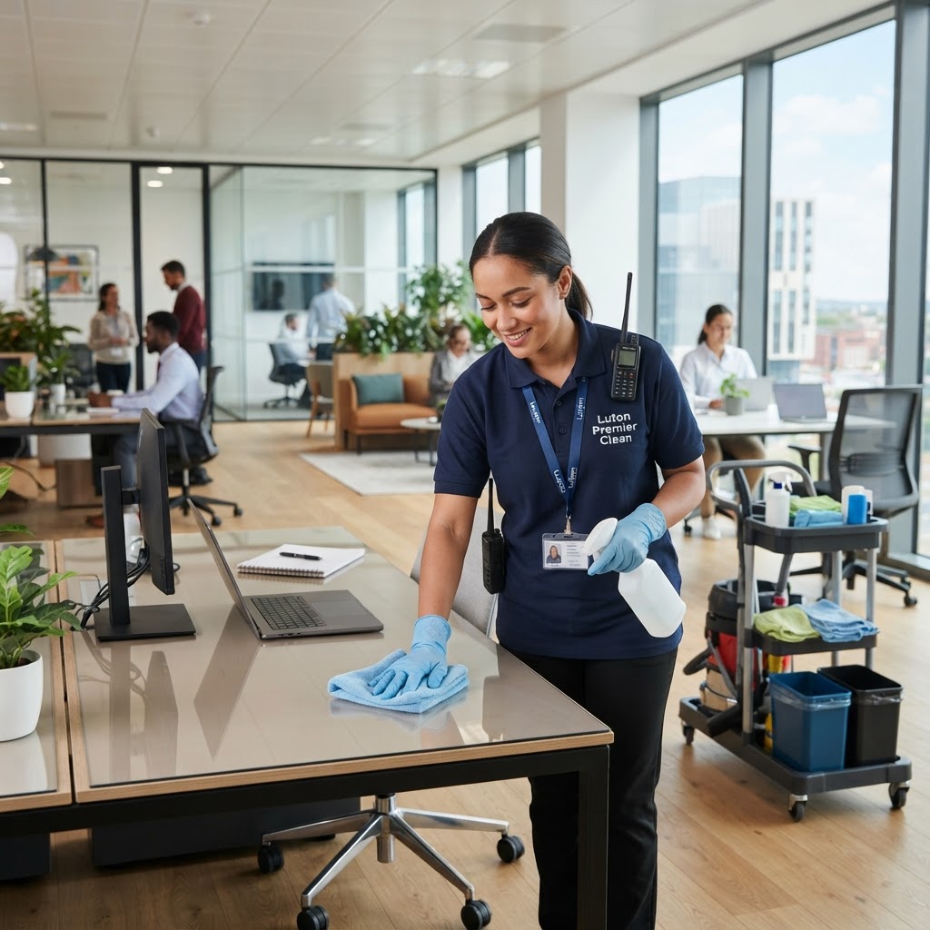 Professional cleaning team sanitizing a modern hybrid office space in Luton for the 2026 workplace.
