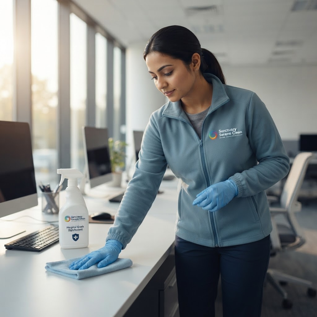 Sanctuary Serene Clean staff member in dusty blue fleece uniform and navy trousers, office cleaning cleaning scene