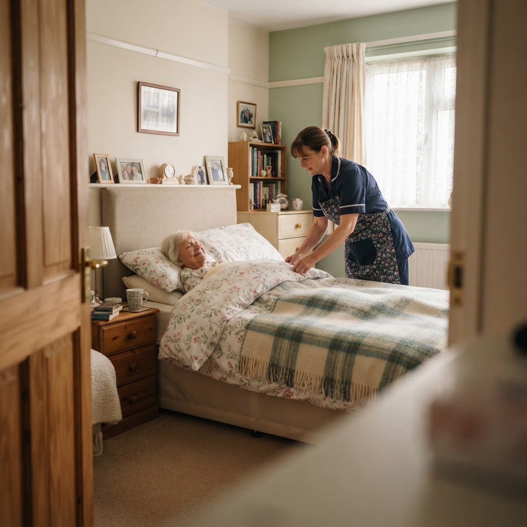 A home helper changing bed linen in a bright, cosy bedroom