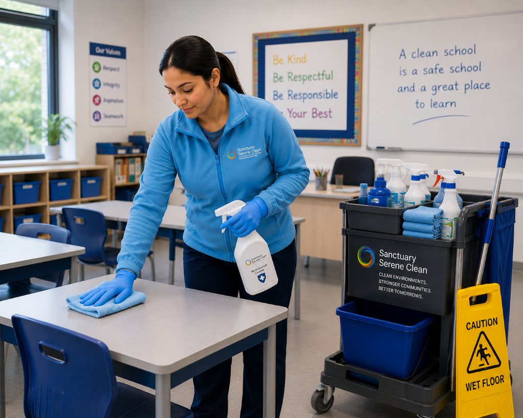 Classroom desk cleaning by Sanctuary Serene Clean