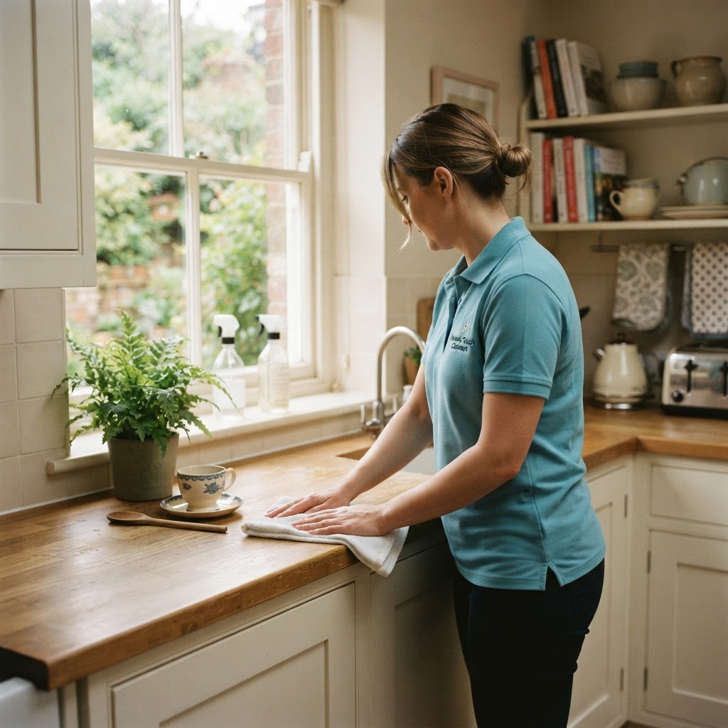 A professional cleaner wiping a kitchen worktop in a warm, lived-in home