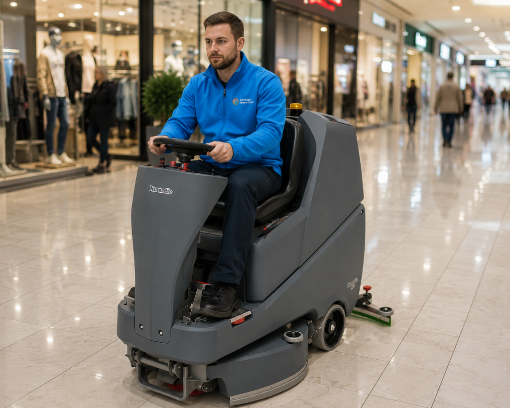 Sanctuary Serene Clean operator using a ride-on floor scrubber in a shopping centre