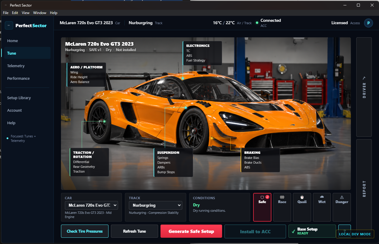 Perfect Sector — Tune screen with interactive setup areas and Safe/Race/Quali/Wet/Danger presets