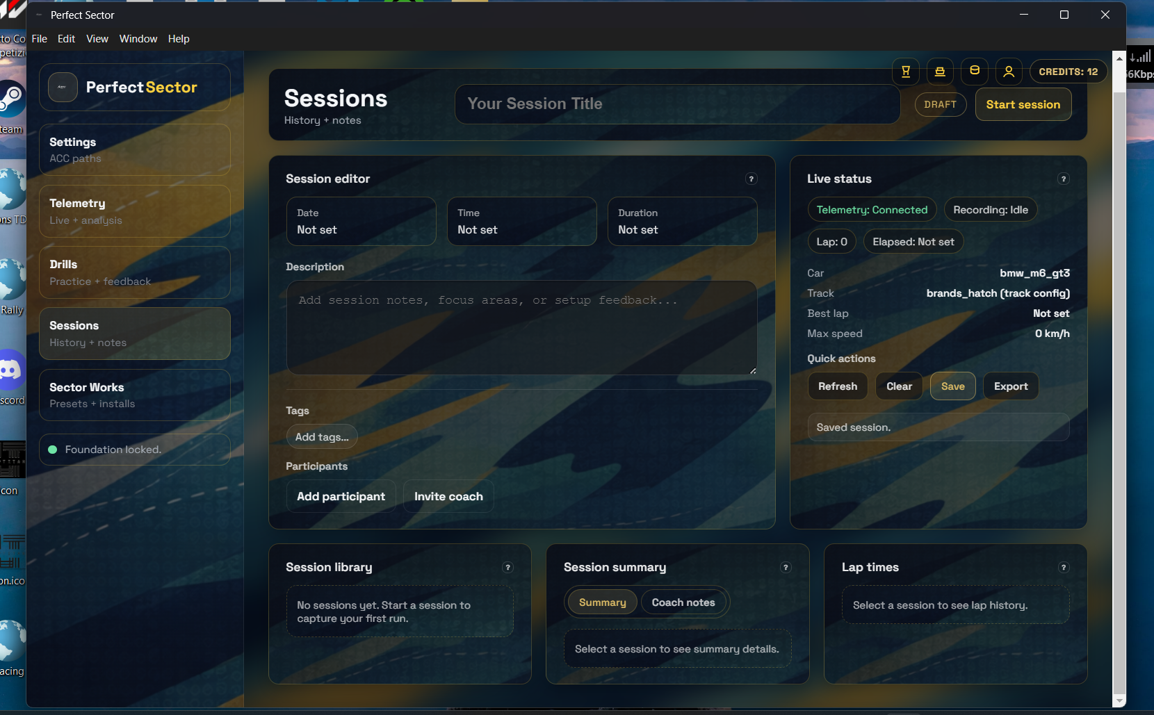 Perfect Sector — Earlier interface, Sessions screen
