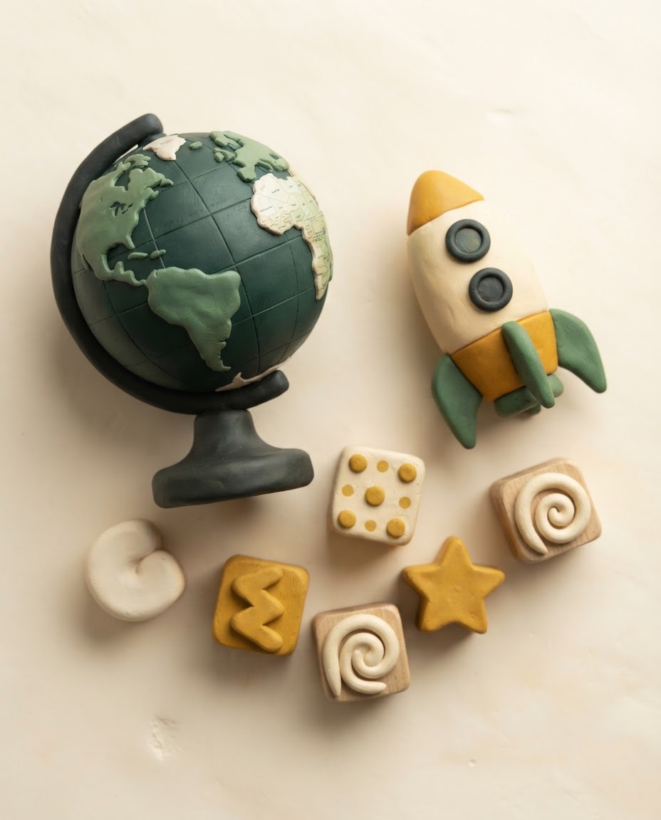 Klei-stilleven met wereldbol, letterblokjes en raket