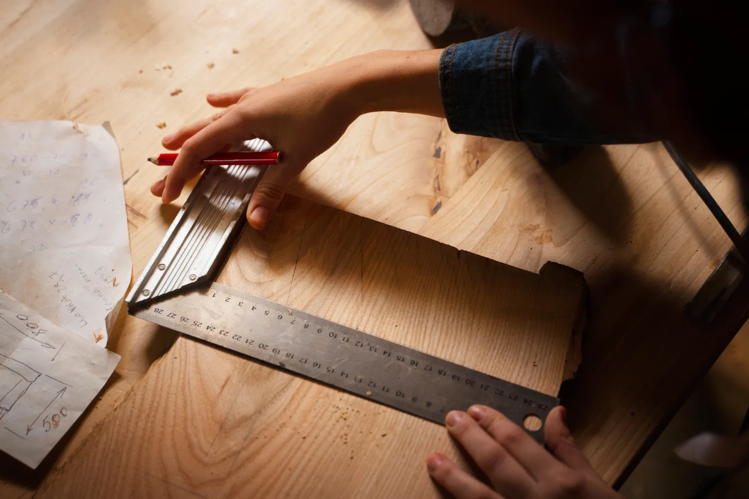 Woodworker's hands measuring a piece of light-colored wood with a metal T-square and red pencil on a workbench