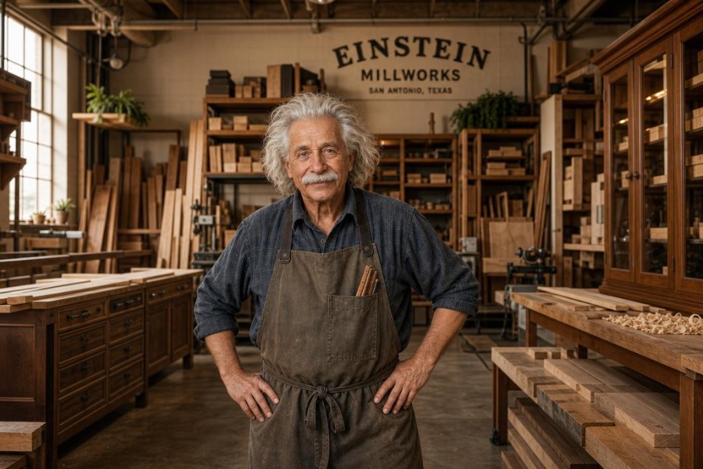 Einstein Millworks mascot — a carved wooden sculpture of Einstein standing in the millworks workshop surrounded by premium lumber