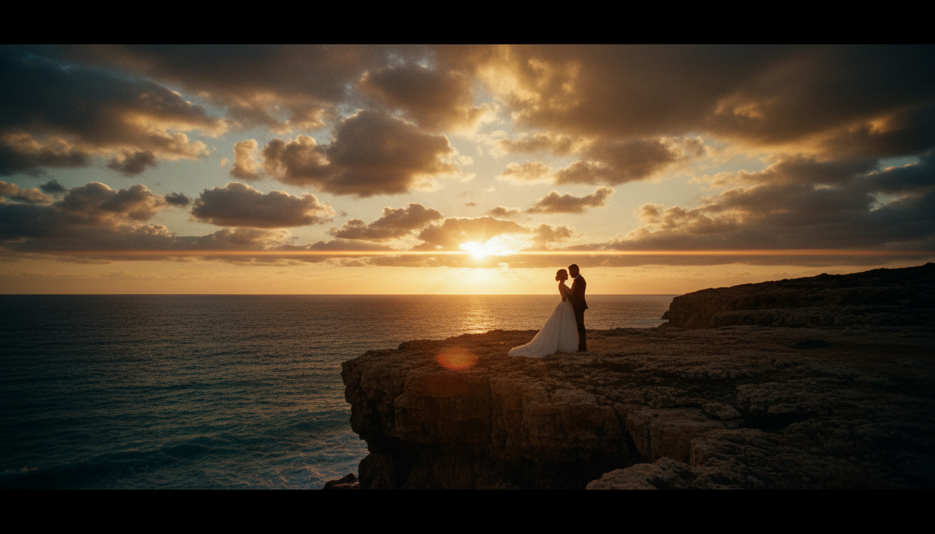 Cinematic wedding scene on Mediterranean cliffside at golden hour