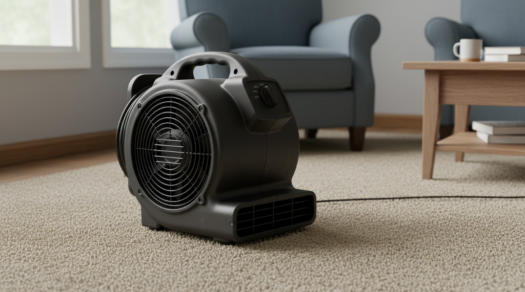 Air mover drying freshly cleaned carpet — Steam Lion