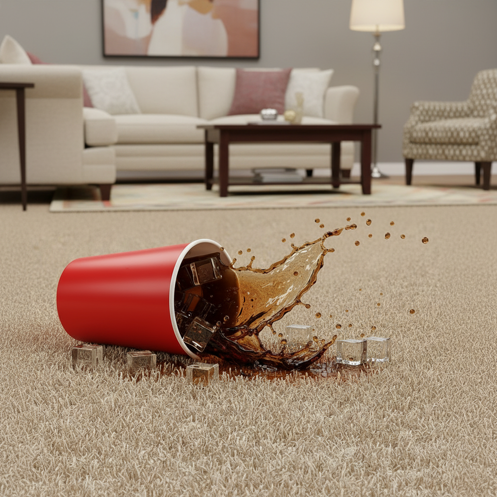 Soda spill on carpet requiring professional stain removal