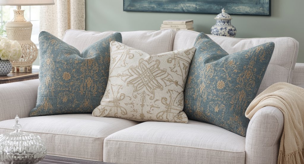 A freshly steam cleaned luxury loveseat displaying clean, restored fabric upholstery